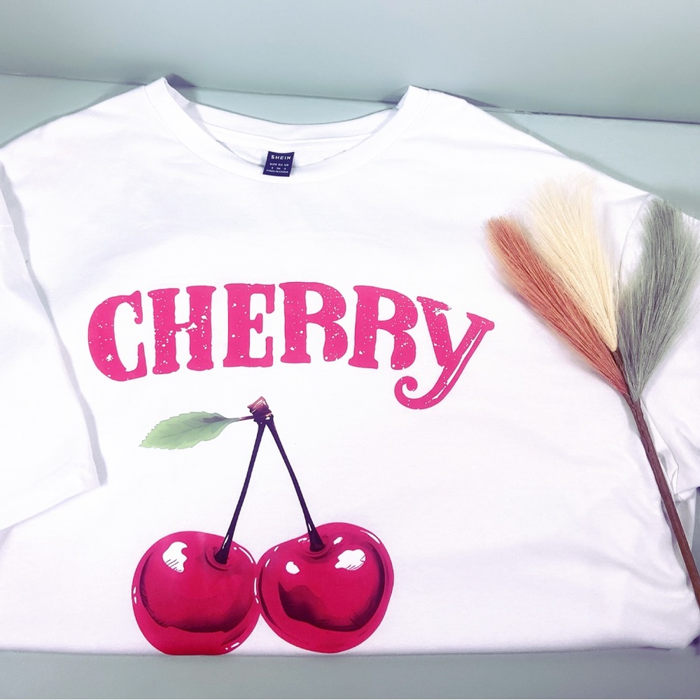 SHEIN White and Red Cherry Graphic Short Sleeve Tee
